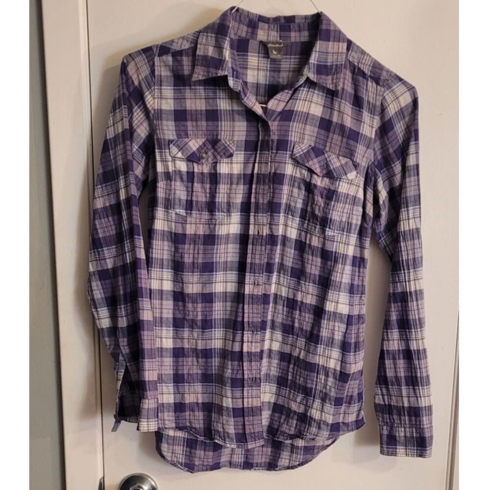 Eddie Bauer Purple Plaid Button Down XS Stretch Cotton Relaxed Camp Gorpcore